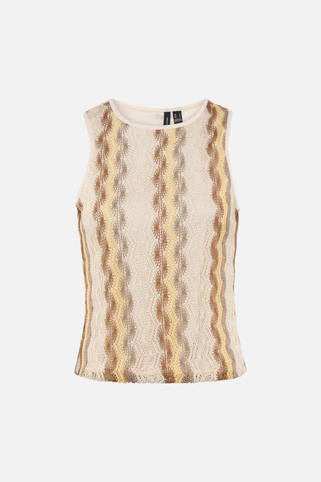 Top crochet écru multicolore de VERO MODA à motifs de rayures ondulées marron et jaunes.