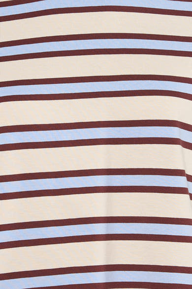 T-shirt à manches courtes multicolore de Vero Moda, avec motif à rayures horizontales marron, bleu et crème.