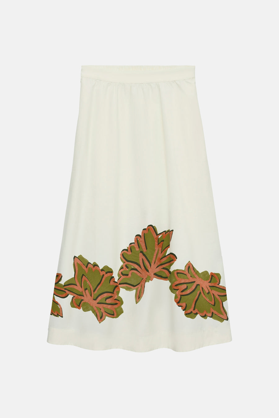 Jupe longue multicolore de VERO MODA avec taille élastiquée et motif de grandes feuilles vertes et corail à l'ourlet.