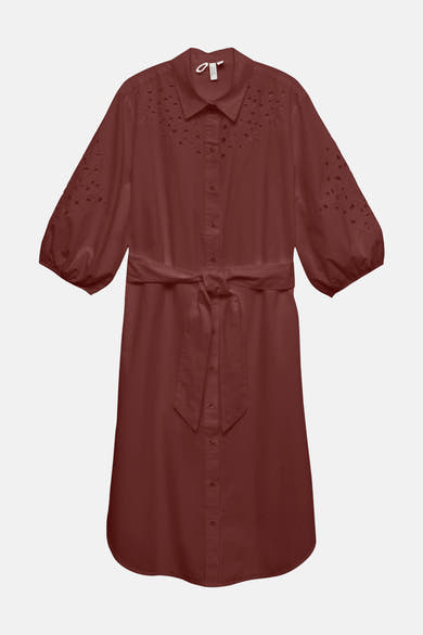 Robe marron de VERO MODA®, avec manches trois-quarts bouffantes et détails ajourés brodés.