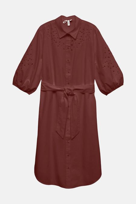 Robe marron de VERO MODA®, avec manches trois-quarts bouffantes et détails ajourés brodés.