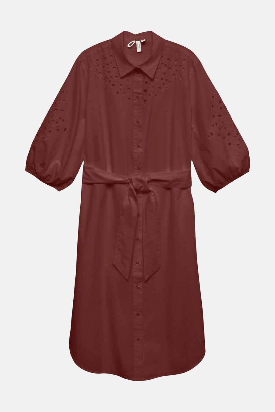 Robe marron de VERO MODA®, avec manches trois-quarts bouffantes et détails ajourés brodés.