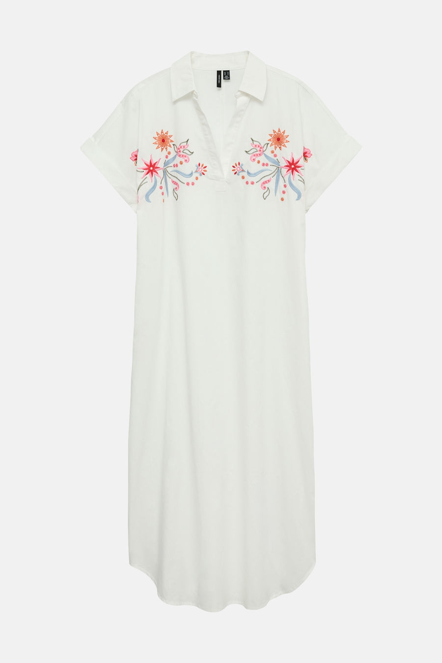 Wit VERO MODA®-jurk met kleurrijke bloemenborduursels, kraag en V-hals.