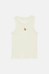 Débardeur blanc de VERO MODA orné d'une petite broderie d'orange sur le devant, en maille côtelée.