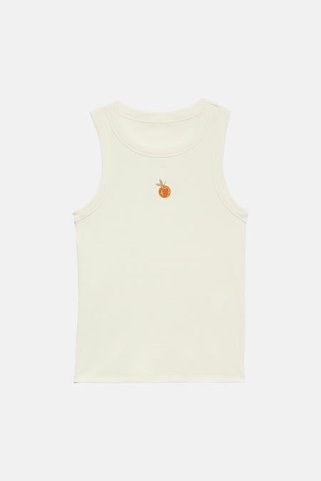 Débardeur blanc de VERO MODA orné d'une petite broderie d'orange sur le devant, en maille côtelée.