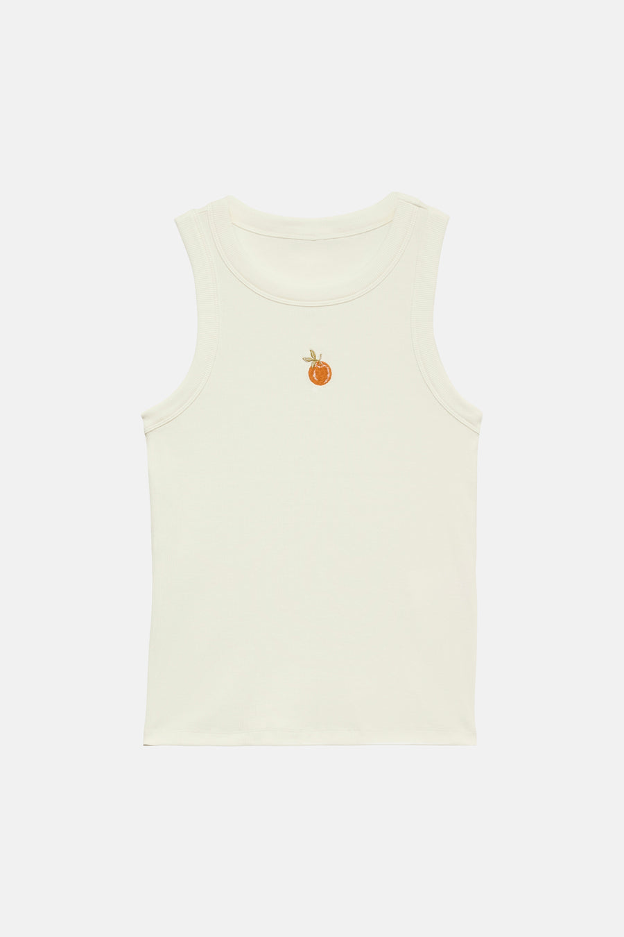 Débardeur blanc de VERO MODA orné d'une petite broderie d'orange sur le devant, en maille côtelée.