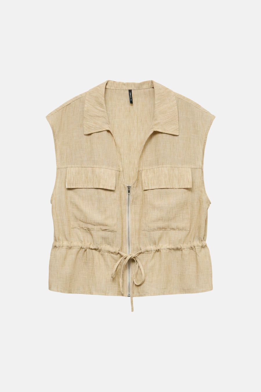 Gilet beige de VERO MODA en tissu texturé type lin, à col, fermeture éclair intégrale, poches à rabat et taille à cordon de serrage.