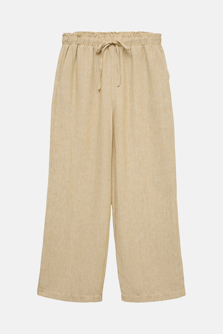 Pantalon de costume beige de VERO MODA® en lin, avec taille élastique froncée et cordon de serrage.