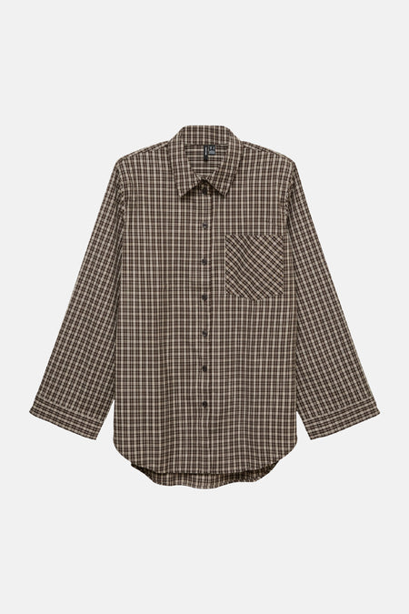 Chemisier brun à manches longues et motif à carreaux, avec col classique et poche poitrine à carreaux diagonaux, VERO MODA®