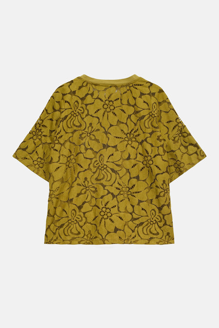 T-shirt vert à manches courtes de VERO MODA®, avec motif floral en dentelle.