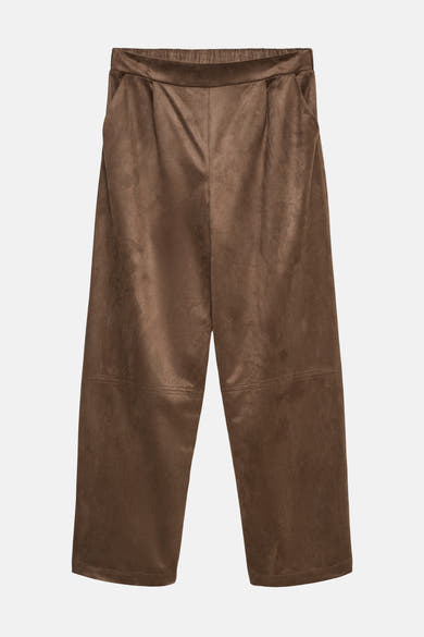 Brown suede wide-leg pants by Fossil with elastic waistband and front pleats, front view