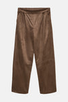 Brown suede wide-leg pants by Fossil with elastic waistband and front pleats, front view