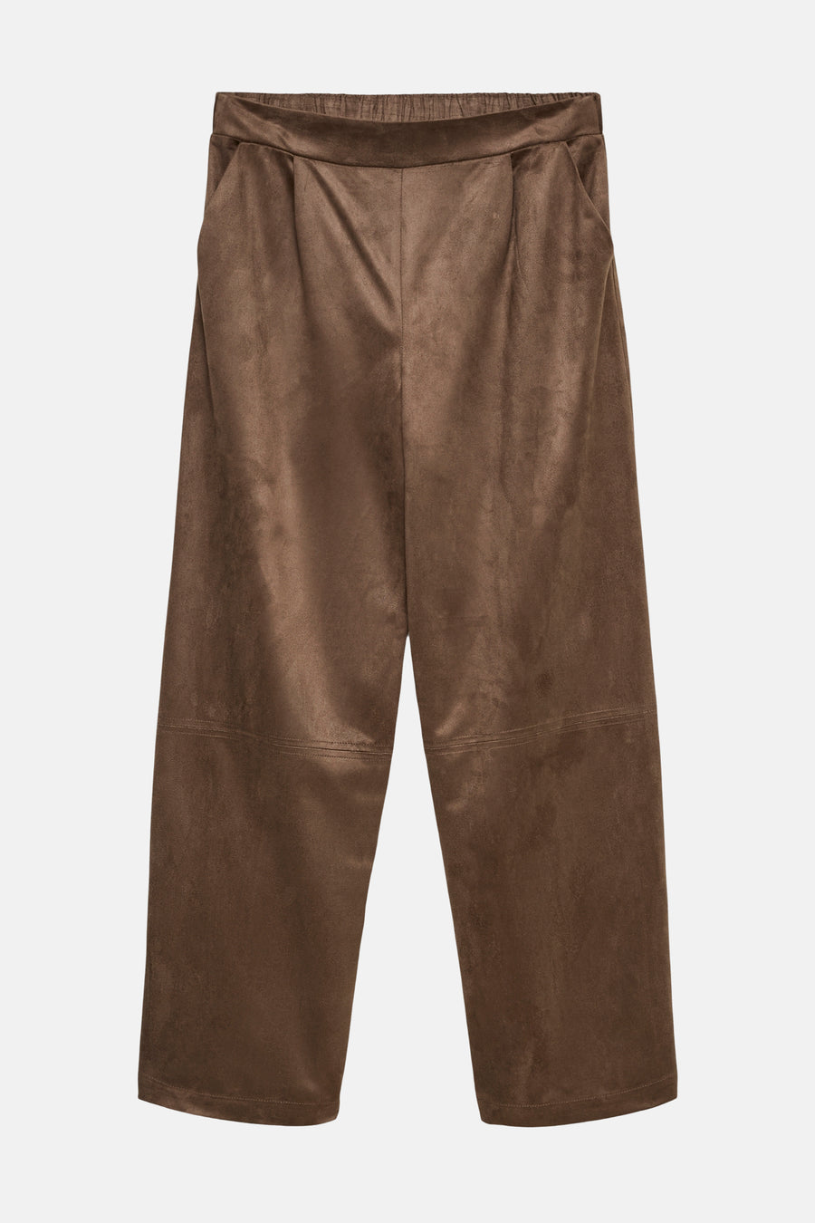 Brown suede wide-leg pants by Fossil with elastic waistband and front pleats, front view