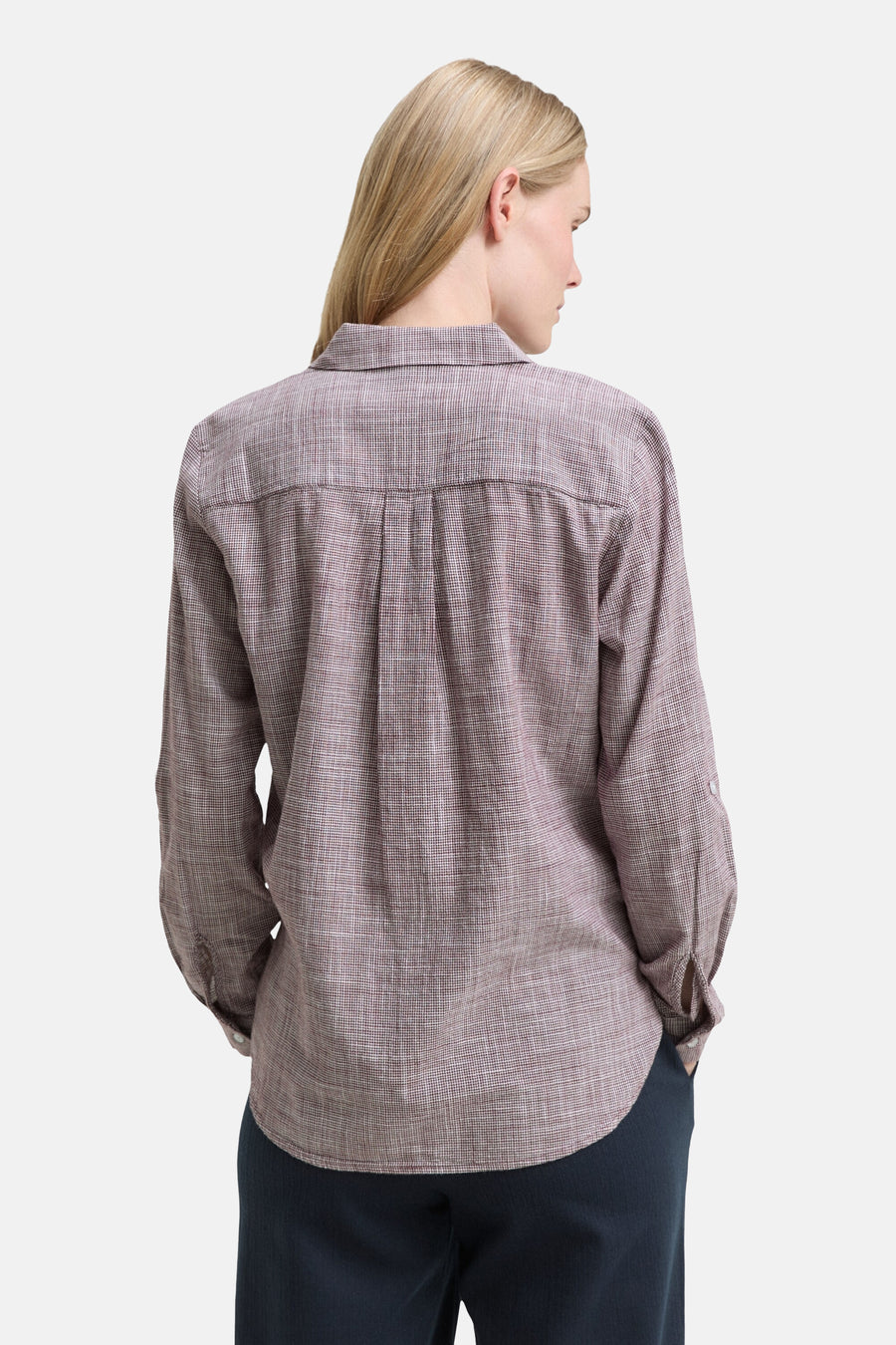 Tom Tailor bordeaux rok met lange manche, karo patroon, plooien aan de achterkant.