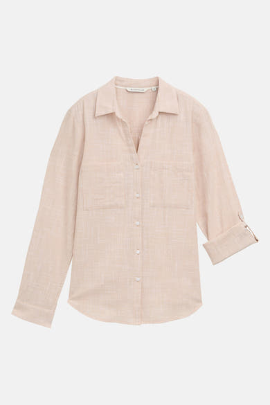 Beige blouse met lange mouwen van Tom Tailor, met borstzakken en opgerolde mouwen.