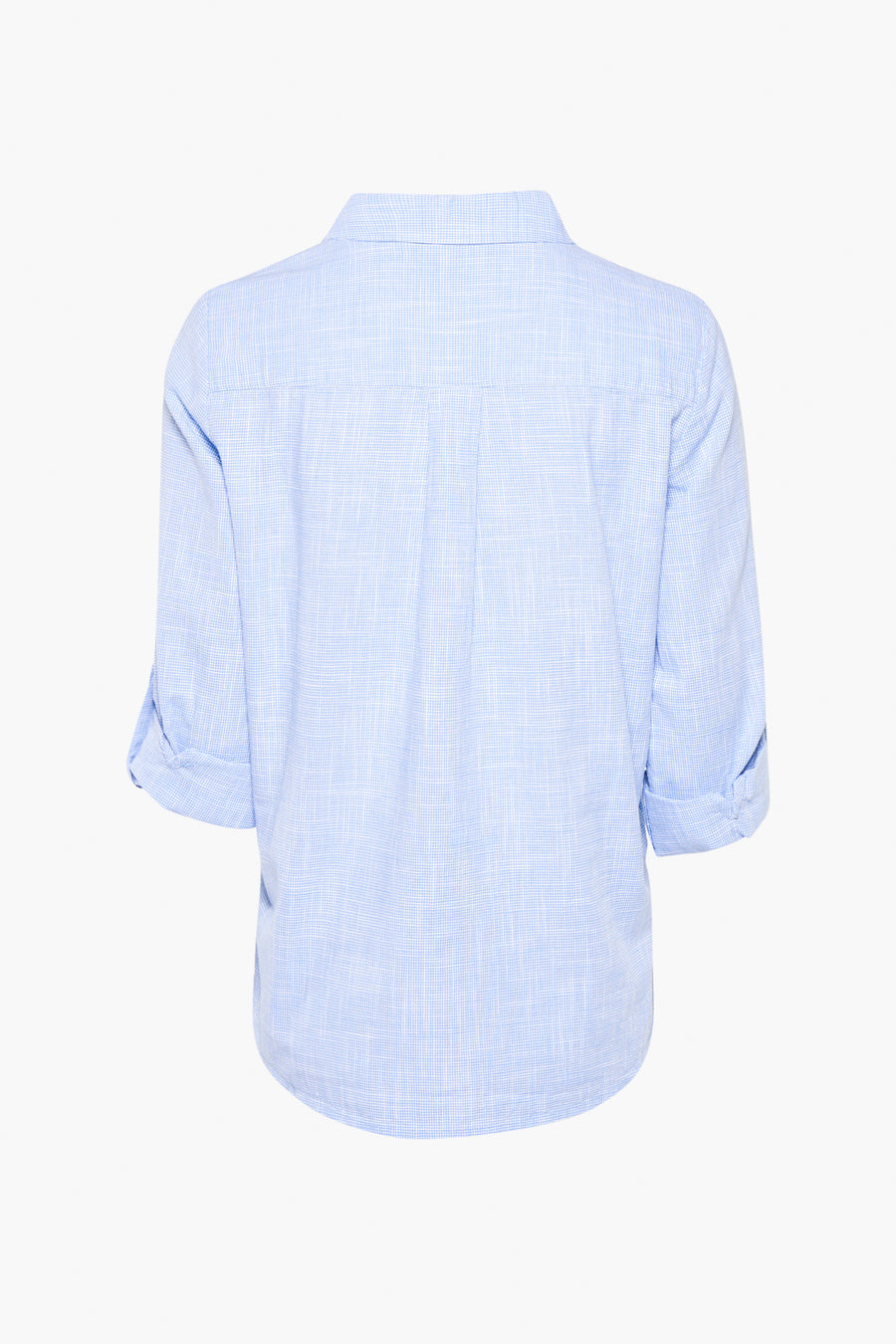 Blauwe lange mouw chemise van Tom Tailor, discreet wisselprint, opgekrulde mouwen.