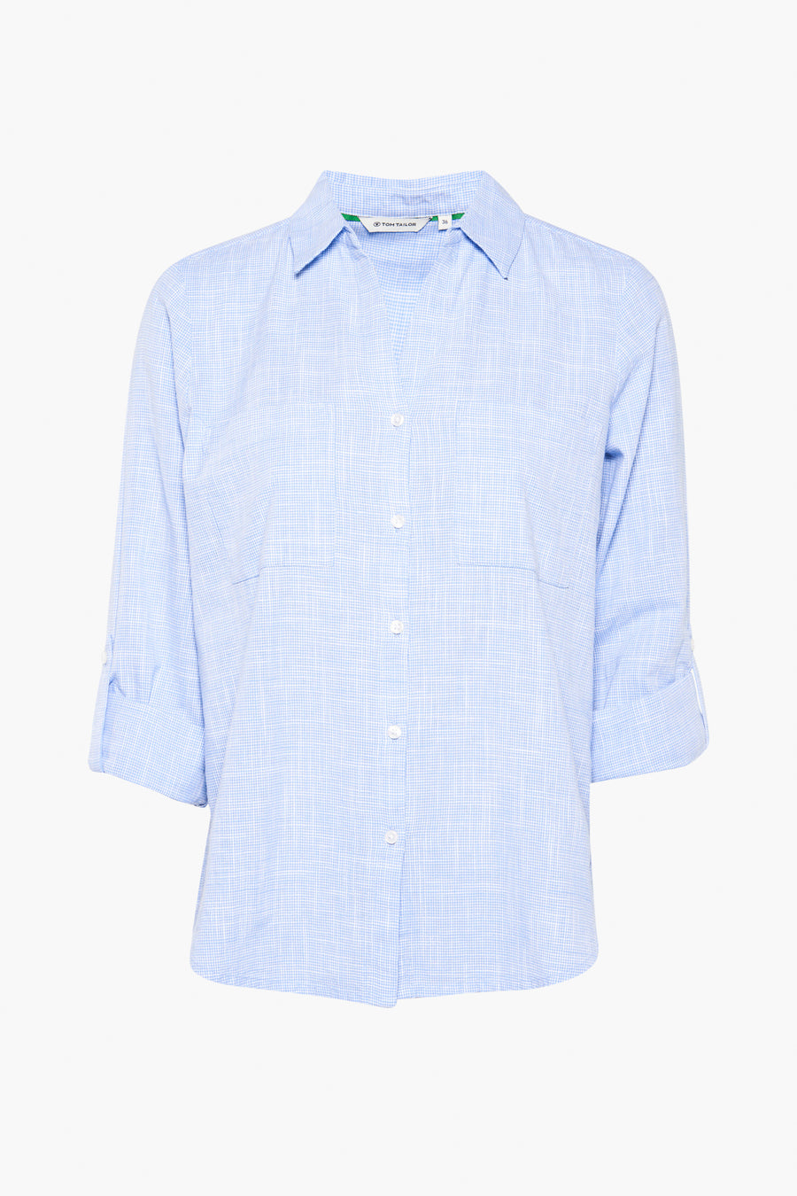 Blauw lange mouwen chemisier van Tom Tailor, discreet willekeurig patroon, klassieke pas met col en knopen.