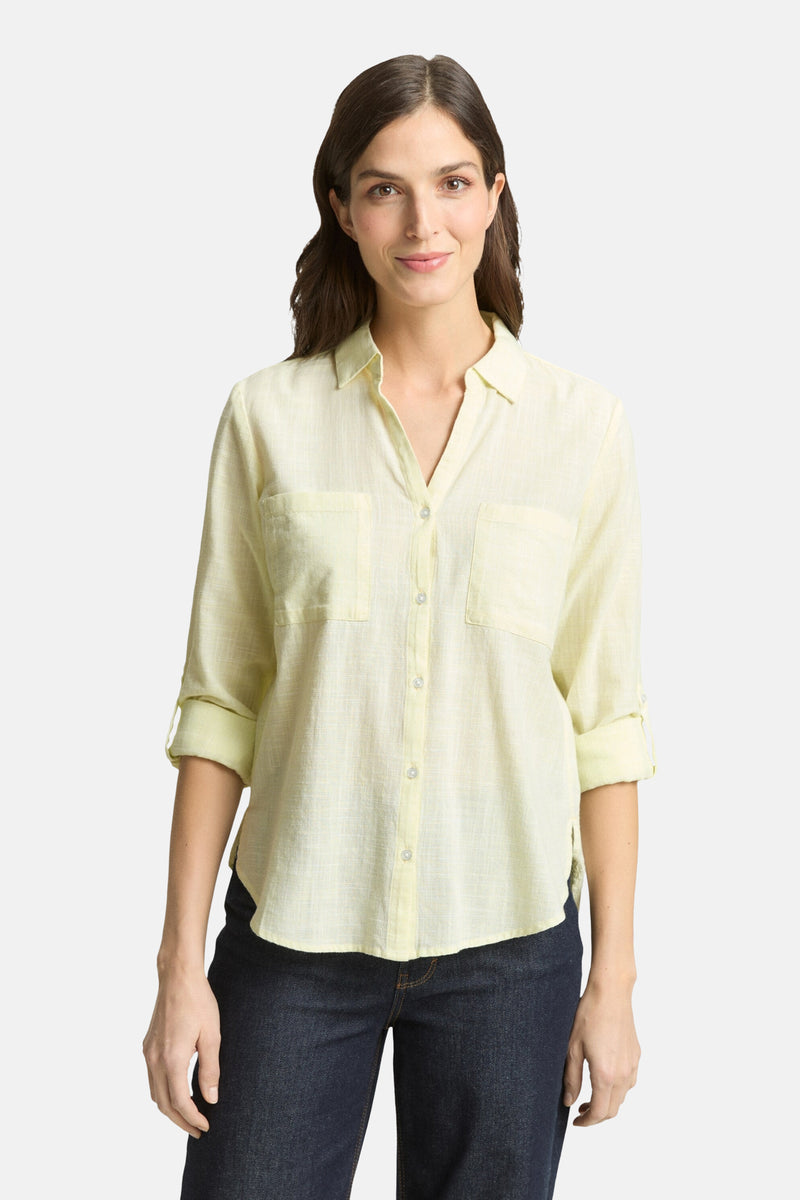 Gele blouse met lange mouwen, van Tom Tailor, met rugplooi en oprolbare mouwen.