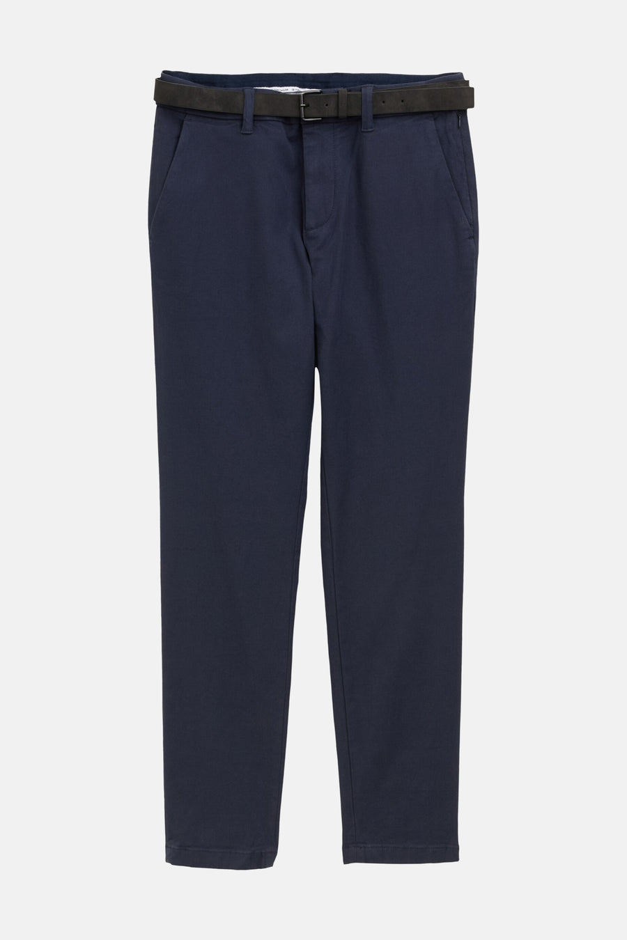 Navy blue chinos by Tom Tailor, straight fit with front pockets and dark belt, front view