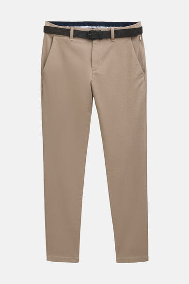 Brown chino pants with slim fit and textured fabric, front view, paired with black belt