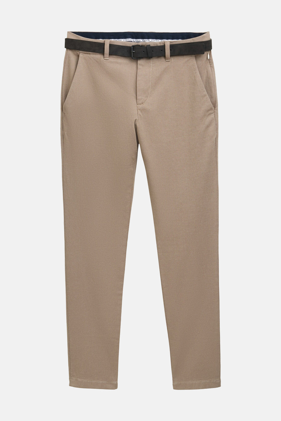 Brown chino pants with slim fit and textured fabric, front view, paired with black belt