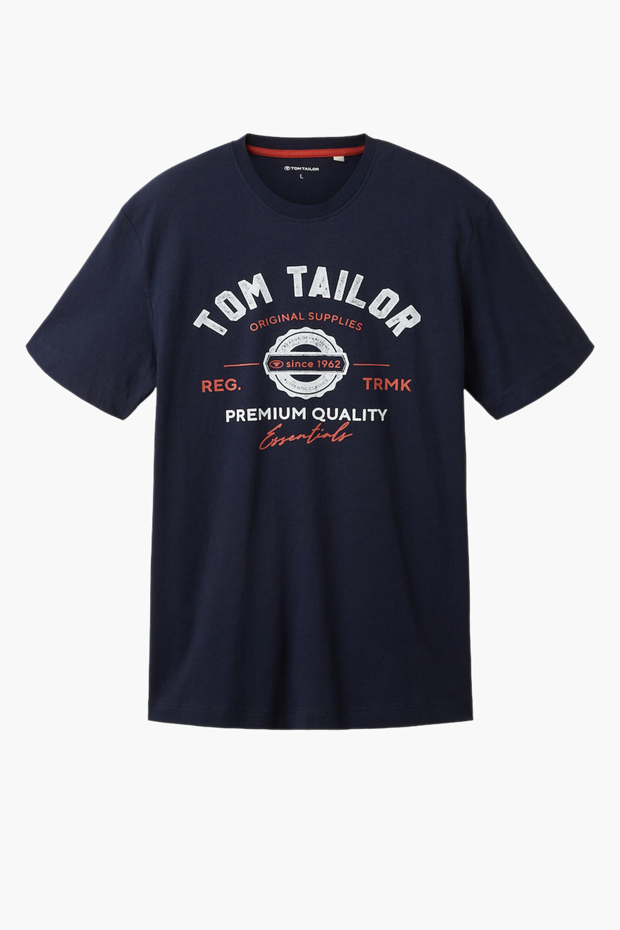 Blauw T-shirt met korte mouwen van Tom Tailor, met witte en oranje grafische print op de voorkant.