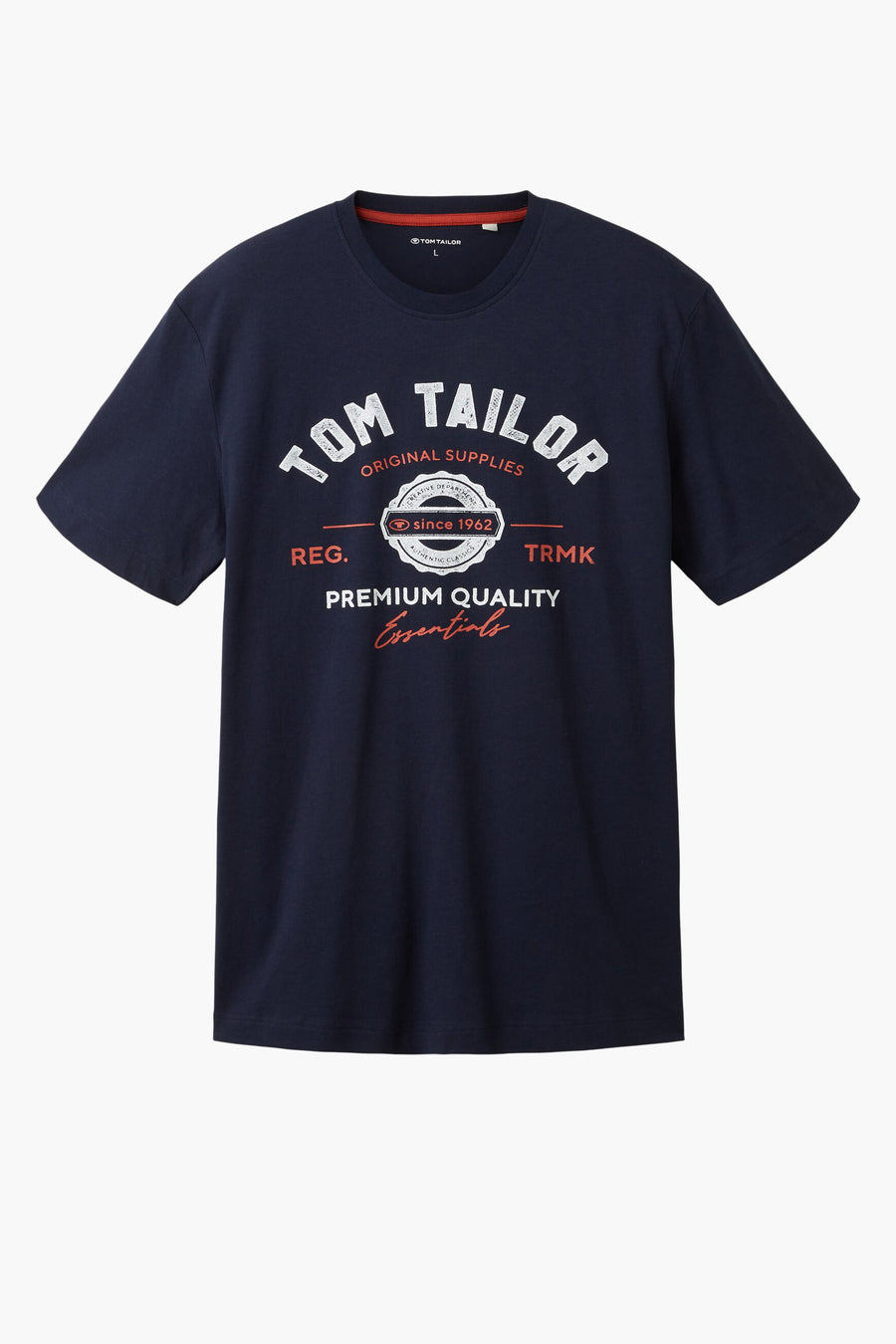 Blauw T-shirt met korte mouwen van Tom Tailor, met wit logo en roodbruine details aan de voorkant.