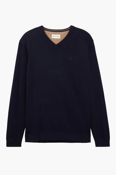 Pull bleu marine à col V de Tom Tailor, avec une bordure contrastée au niveau du col et un logo discret sur la poitrine.