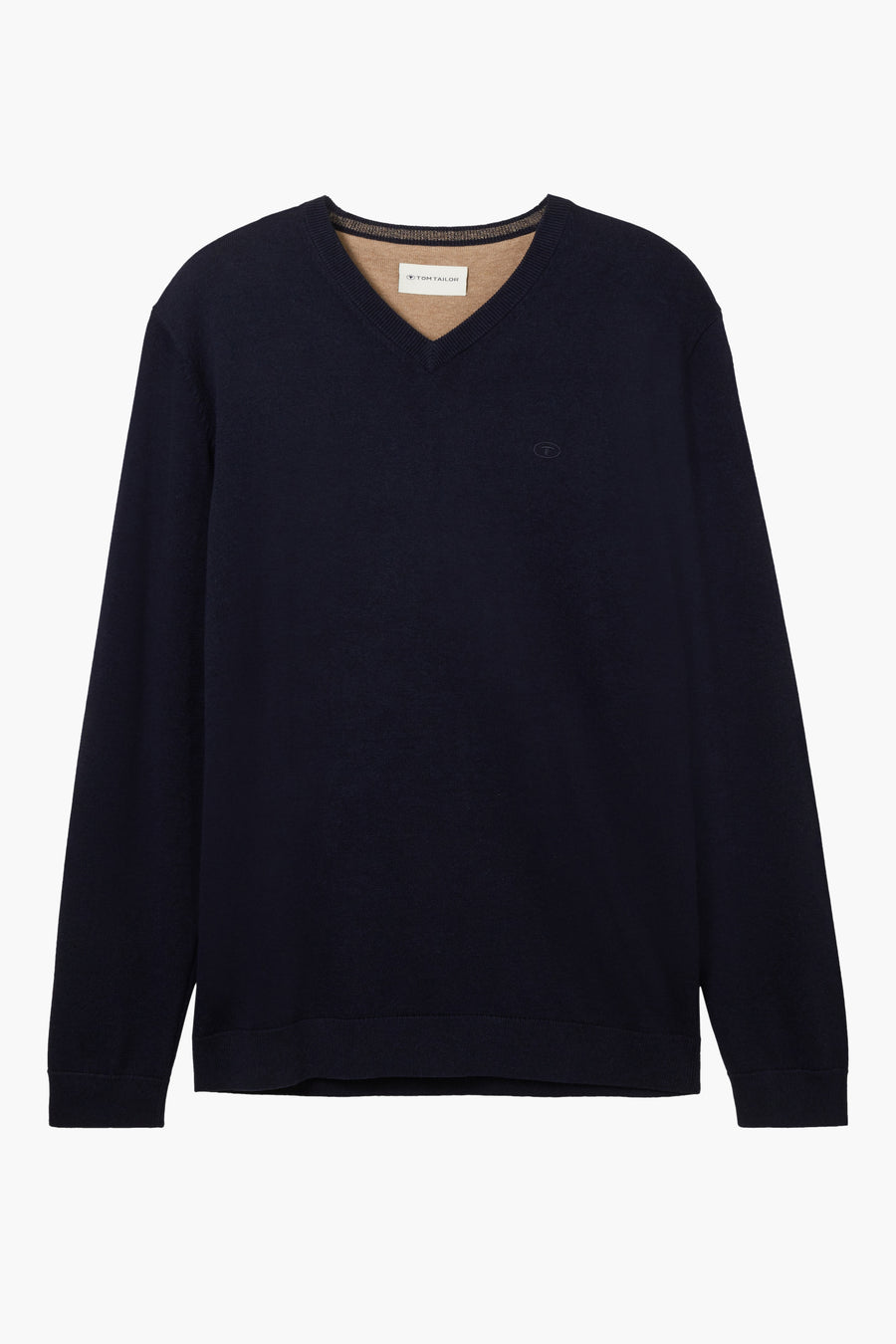 Pull bleu marine à col V de Tom Tailor, avec une bordure contrastée au niveau du col et un logo discret sur la poitrine.