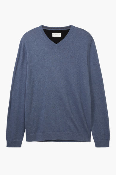 Pull bleu à col V de Tom Tailor, en maille fine unie, avec une étiquette de la marque.