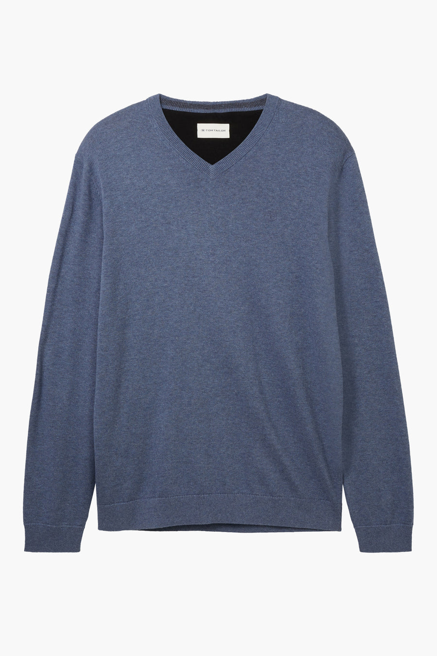 Pull bleu à col V de Tom Tailor, en maille fine unie, avec une étiquette de la marque.