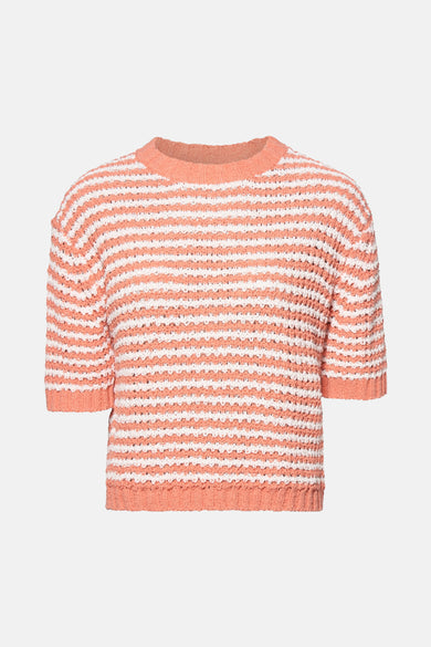 Pull à col rond orange rayé blanc de OPUS, en maille texturée à manches courtes.