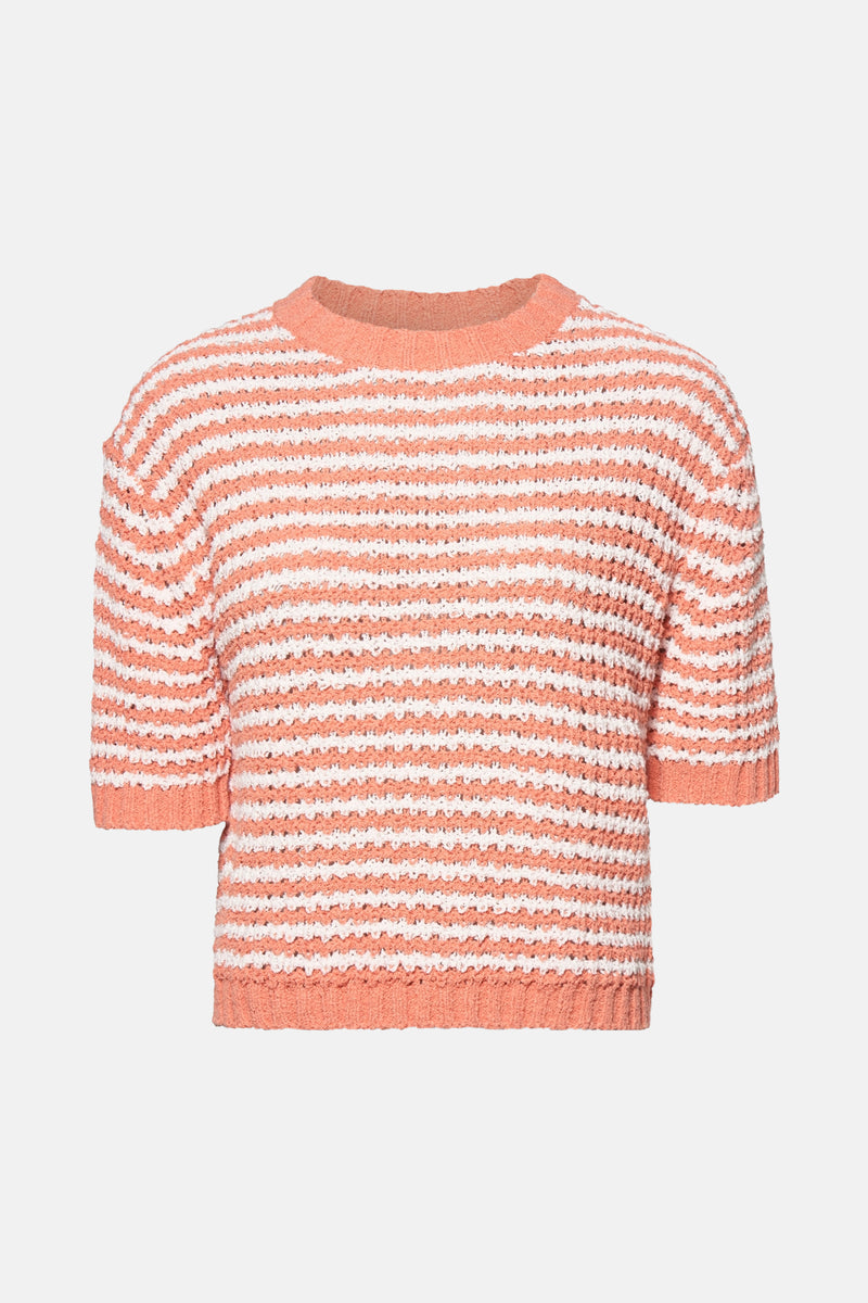 Pull à col rond orange rayé blanc de OPUS, en maille texturée à manches courtes.
