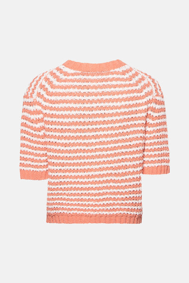 Pull à col rond orange by OPUS, à rayures horizontales blanches, manches courtes.