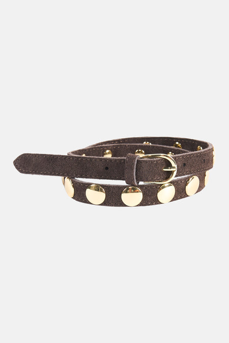 Ceinture marron Access® avec boucle dorée et ornements ronds dorés