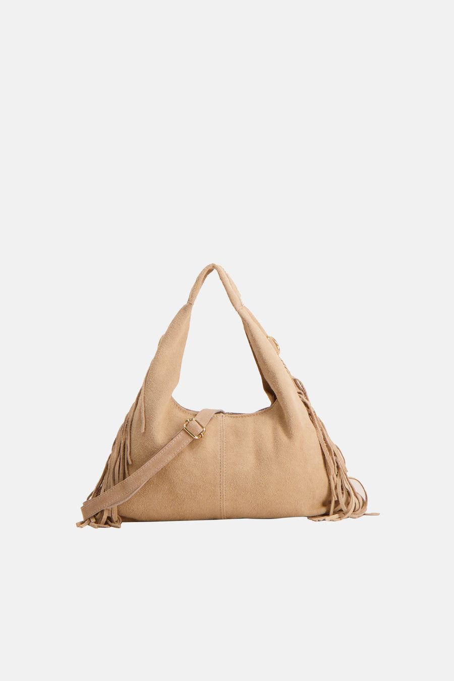 Beige suède schoudertas Access® met decoratieve franjes en een verstelbare schouderriem, zijaanzicht.