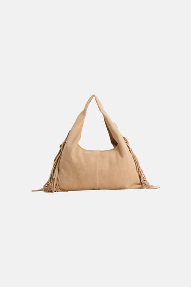 Beige schoudertas van Access, versierd met decoratieve franjes, van suèdeleer.