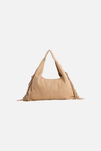 Sac à bandoulière beige d'Access, orné de franges décoratives, en cuir suédé.