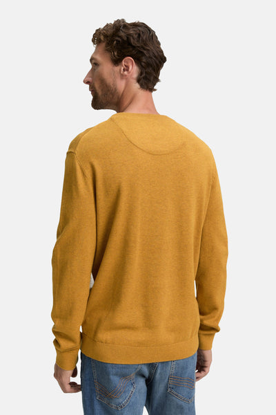 Ronde hals trui geel van Tom Tailor, rugdetail, gedragen met een blauwe jeans.