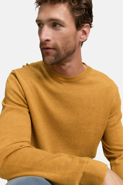 Ronde hals trui geel van Tom Tailor, in fijne brei met discreet logo op de borst.