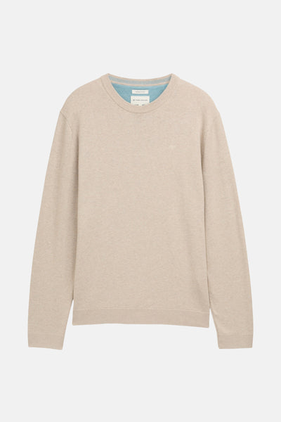 Beige ronde hals trui van Tom Tailor, met lichtblauwe binnenkant van de halslijn.
