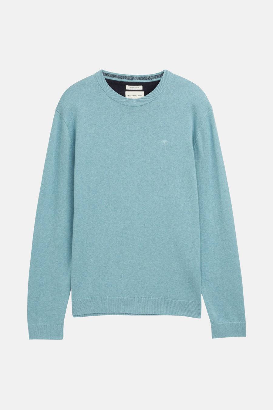 Pull à col rond bleu de Tom Tailor, en maille fine et unie, avec logo discret.