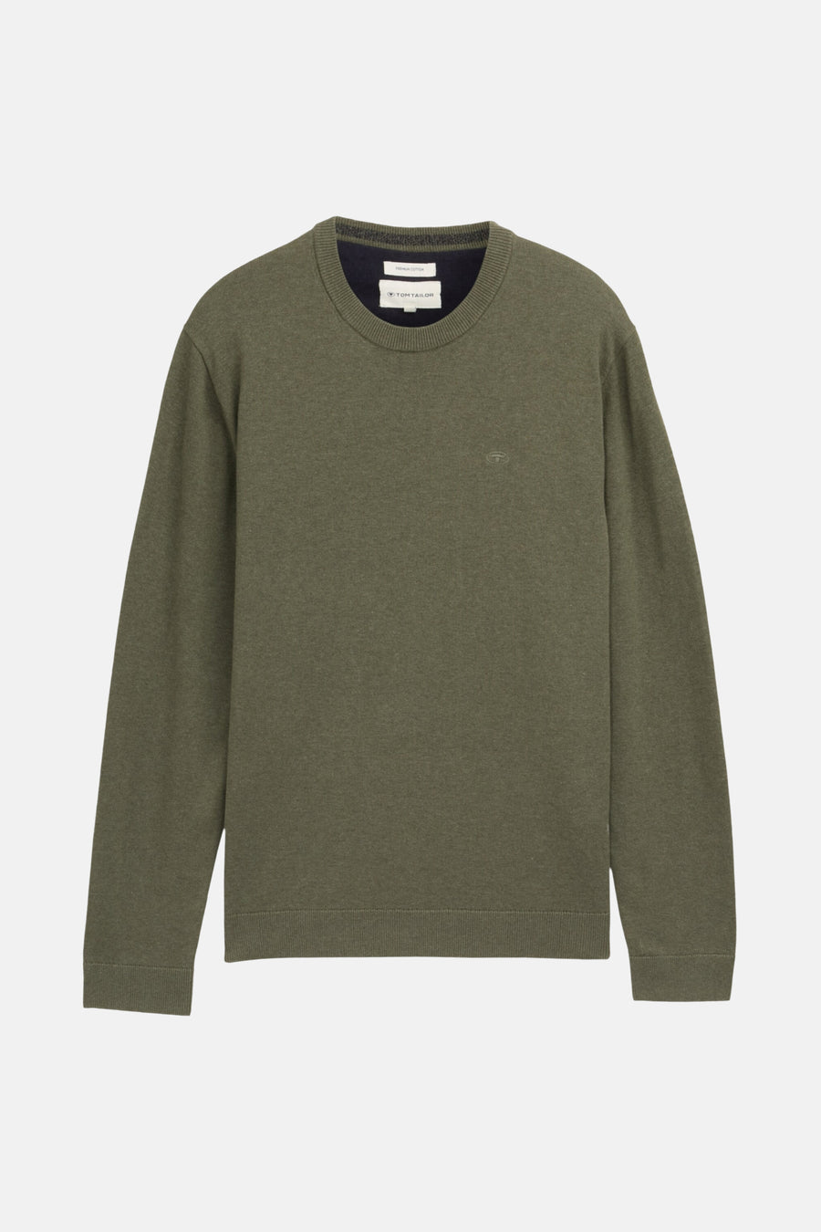 Pull à col rond vert de Tom Tailor, en maille fine, avec un logo discret brodé sur la poitrine.