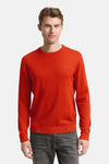 Pull à col rond orange de Tom Tailor, en maille fine, porté avec un jean gris délavé.
