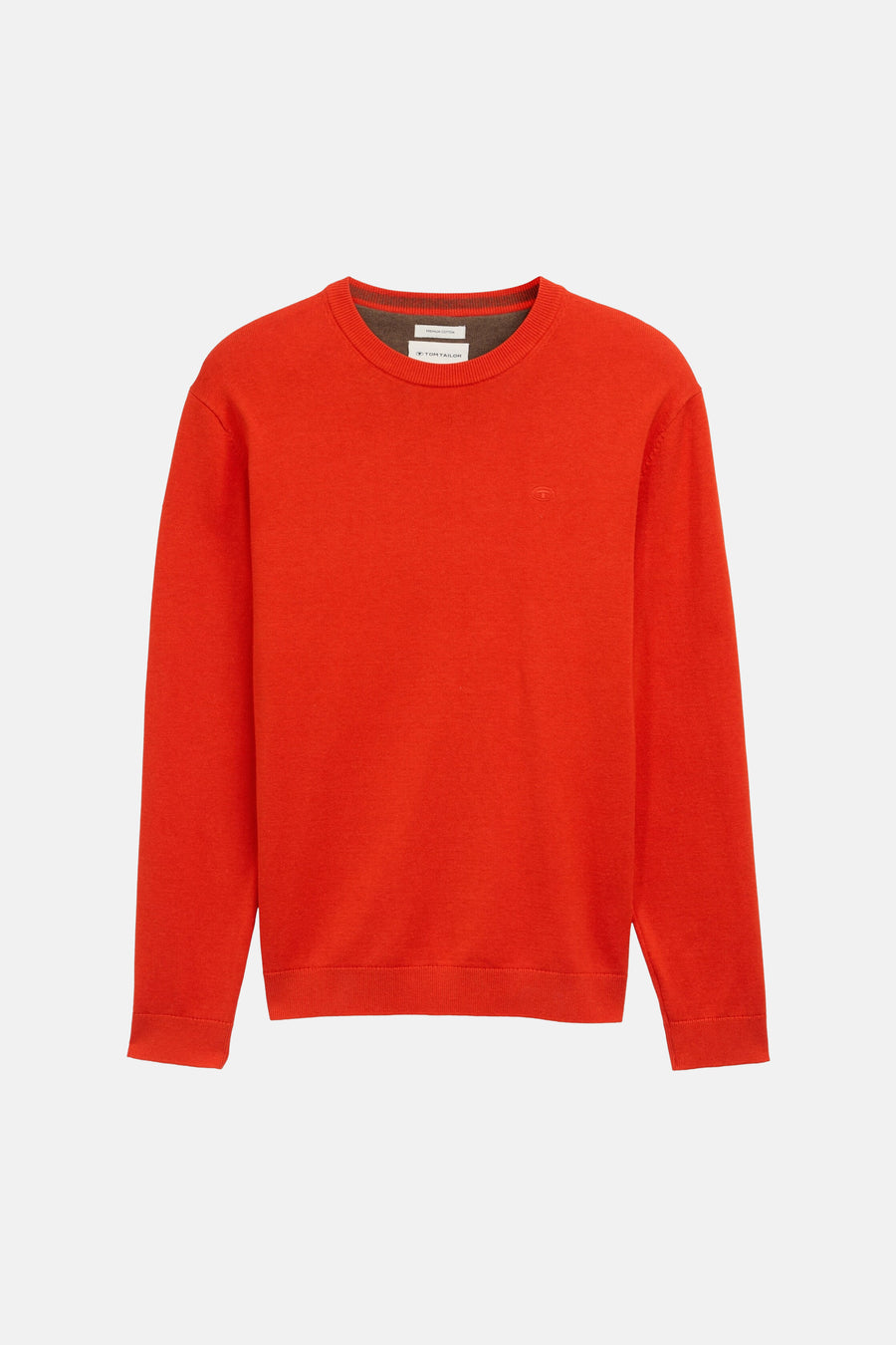 Pull à col rond orange de Tom Tailor, en maille unie avec un logo subtil sur la poitrine.