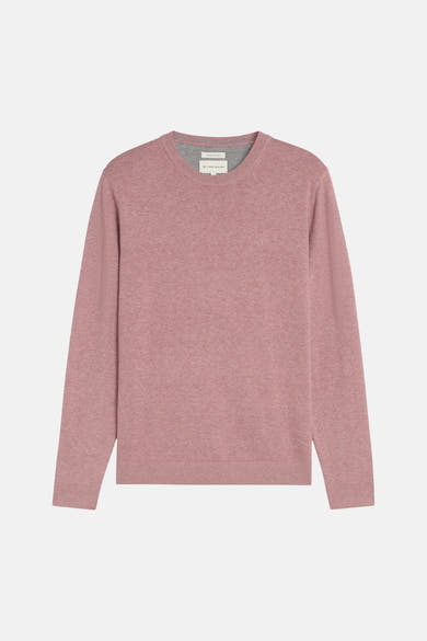 Rose heather crewneck sweater by Tom Tailor, featuring ribbed cuffs and hem, small embroidered logo on chest, front view.