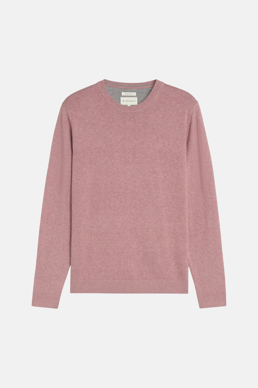 Rose heather crewneck sweater by Tom Tailor, featuring ribbed cuffs and hem, small embroidered logo on chest, front view.