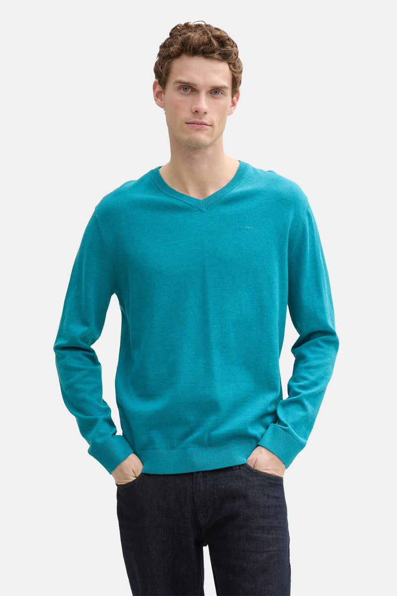 Blauwe Tom Tailor met V-kragen trui, gedragen met een donkere broek.