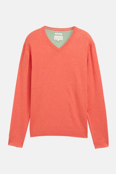 Pull orange à col en V de Tom Tailor, avec doublure vert clair et logo discret sur la poitrine.