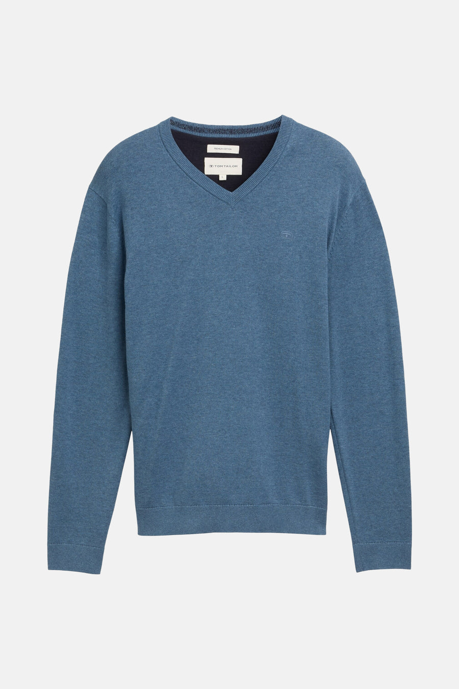 Tom Tailor V-hals trui blauw gemêleerd, met een discreet geborduurd logo op de borst.